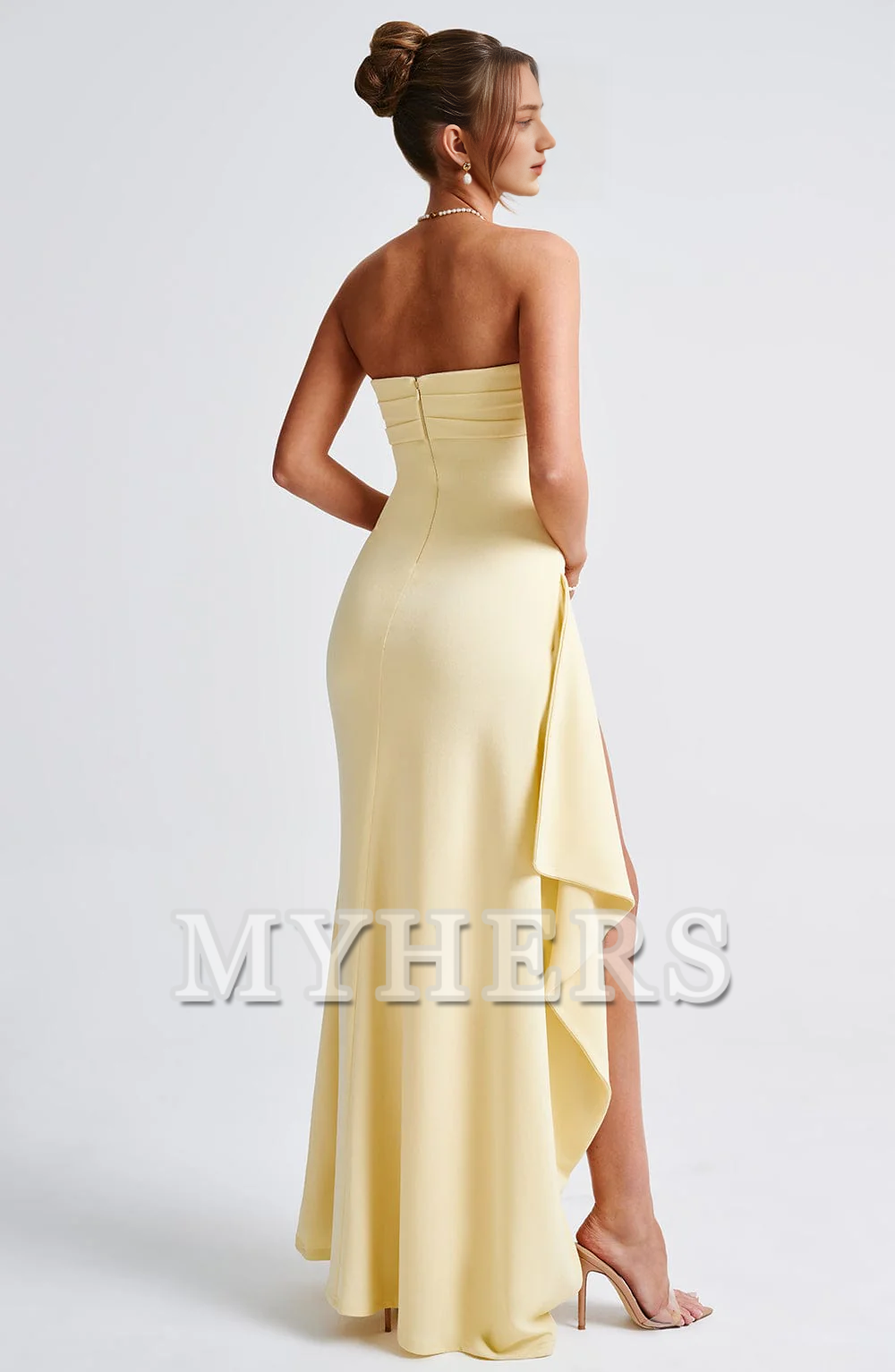 Strapless Ruched Thigh high split Exquisite Dresses Bridesmaid Dresses Wedding Guests Dresses