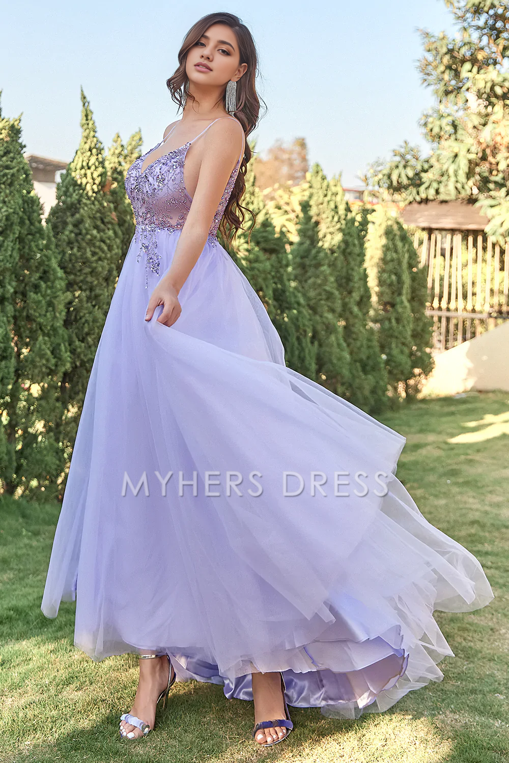 My Hers Ladies Formal Dress Gorgeous Tulle A-Line Spaghetti Strap Backless Side Fork Prom Dress