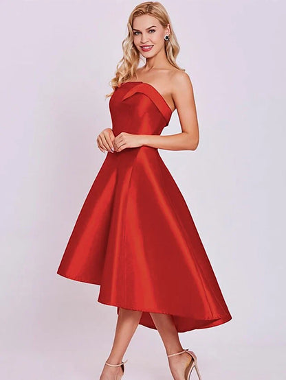 A-Line Minimalist Sexy Engagement Cocktail Party Dress Strapless Sleeveless Tea Length Satin with Sleek