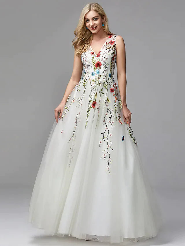 A-Line White Floral Quinceanera Formal Evening Valentine's Day Dress V Neck Sleeveless Floor Length Lace Tulle with Embroidery Appliques