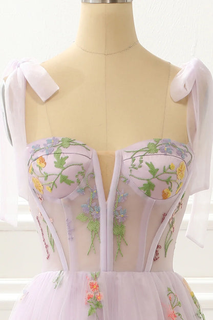 A-Line Lavender Princess Square Neck Bow Strap Prom Dress With Embroidery