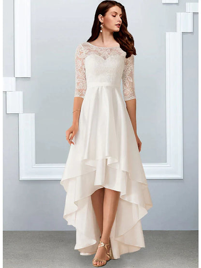 A-Line Wedding Dresses Jewel Neck Asymmetrical Chiffon Lace Half Sleeve Simple Beach with Cascading Ruffles