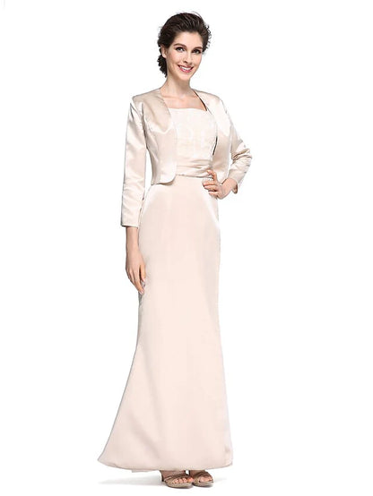 Mother of the Bride Dress Elegant Square Neck Ankle Length Satin Length Sleeve with Lace Ruched