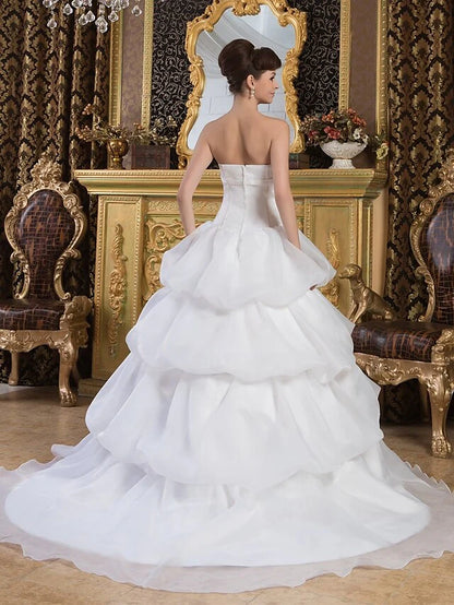 Ball Gown Wedding Dresses Strapless Court Train Organza Satin Strapless with Pick Up Skirt Bow(s)