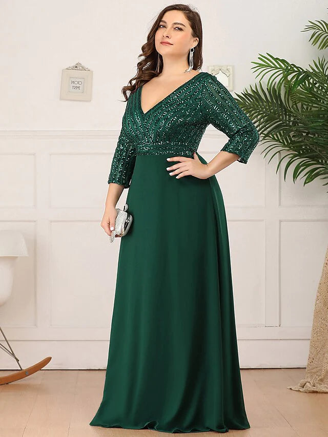 Mother of the Bride Dress Plus Size Elegant V Neck Floor Length Polyester 3/4 Length Sleeve with Sequin