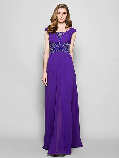 A-Line Mother of the Bride Dress Furcal Scoop Neck Satin Georgette Sleeveless with Crystals Beading Appliques