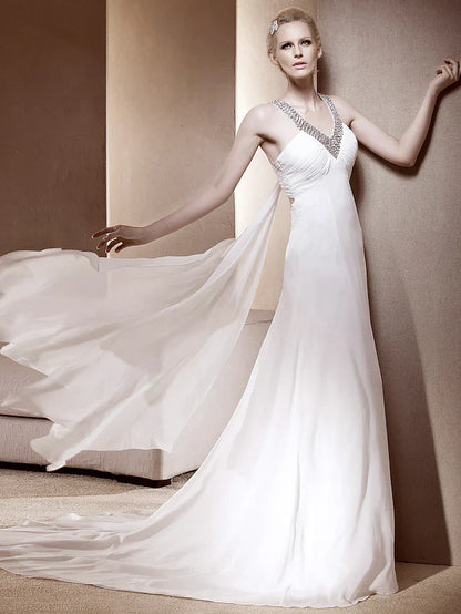 Princess A-Line Wedding Dresses V Neck Court Train Chiffon Sleeveless Sparkle & Shine with