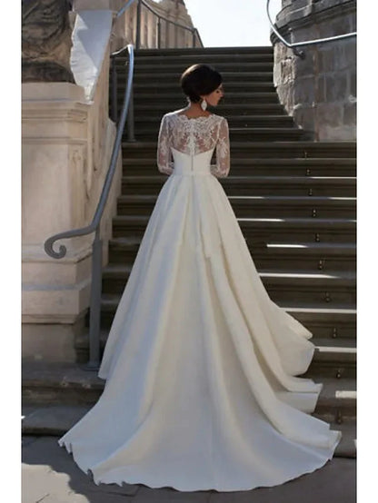 A-Line Wedding Dresses Strapless Court Train Lace Satin Long Sleeve Formal with Appliques