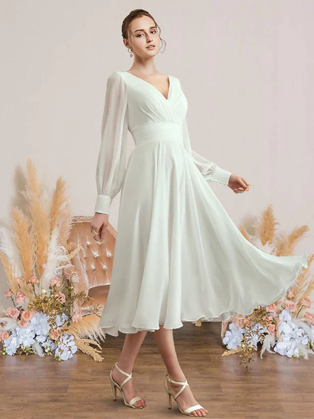 A-Line Wedding Dresses V Neck Tea Length Chiffon Long Sleeve Simple with Pleats