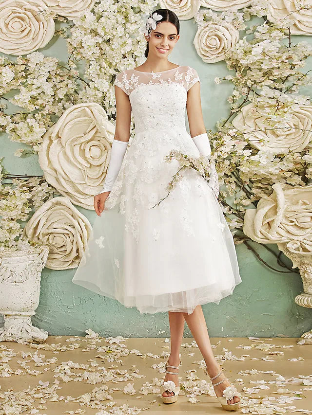 A-Line Wedding Dresses Knee Length Chiffon Sleeveless See-Through with Sequin Appliques