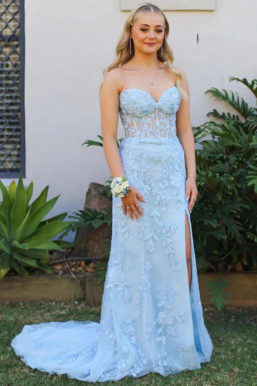 Floral Lace Strapless Mermaid Prom Dress with Slit