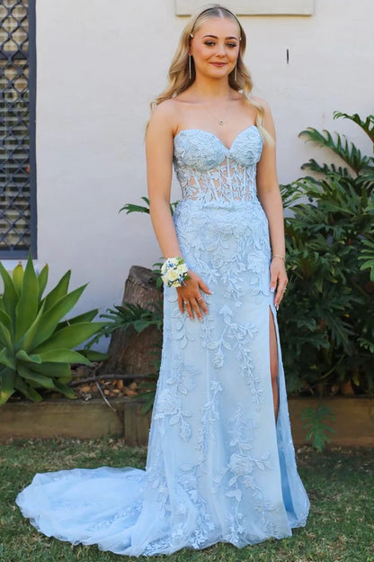 Floral Lace Strapless Mermaid Prom Dress with Slit
