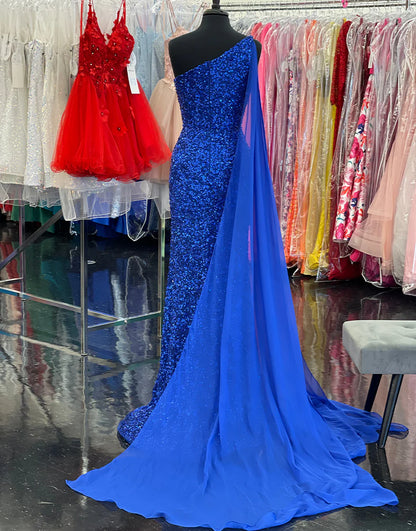 One Shoulder Sequin Prom Dress with Floating Sleeves