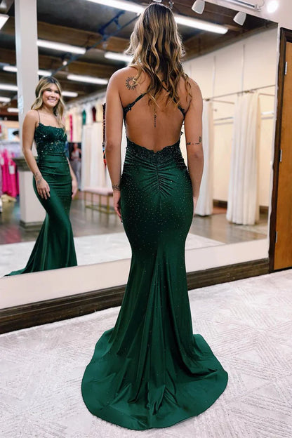 Charming Mermaid Scoop Neck Dark Green Satin Long Prom Dresses with Beading