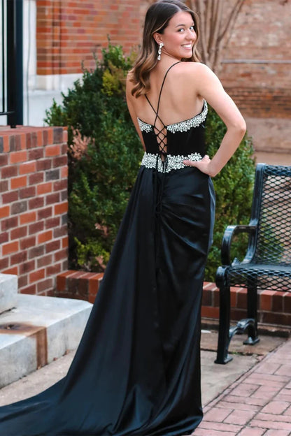 Beading V-Neck Long Prom Dress with Attached Train