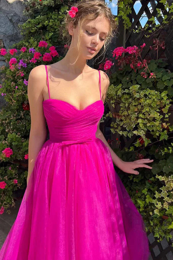 Sweetheart Tea Length Hot Pink Prom Dress Simple Prom Dress