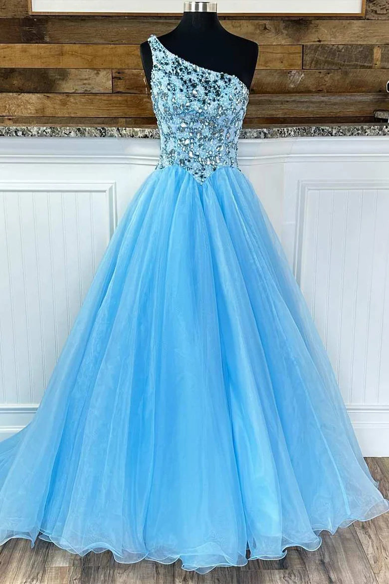 Stunning One-Shoulder Blue A-Line Long Prom Gown