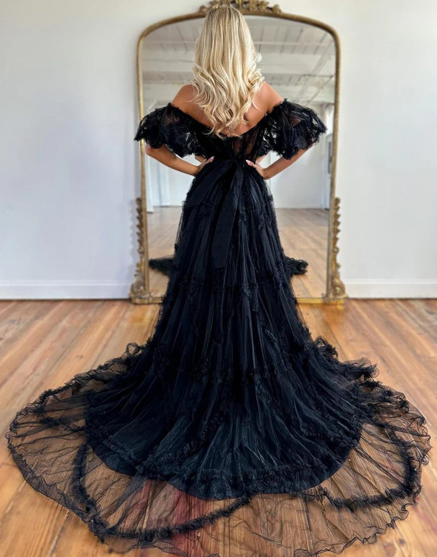 A Line Off The Shoulder Tulle Long Prom Dress
