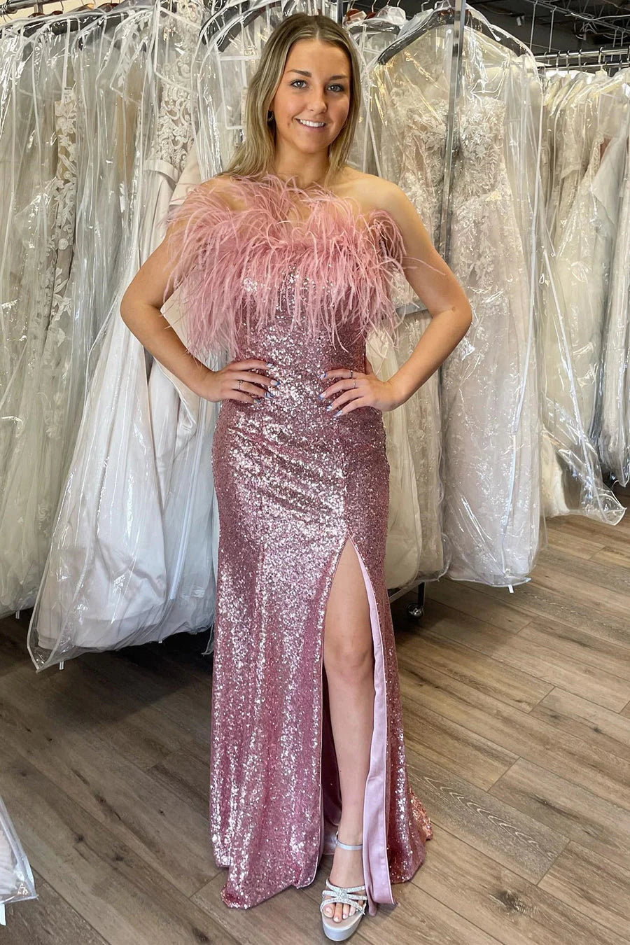 Strapless Feathers Side Slit Sequin Prom Dress