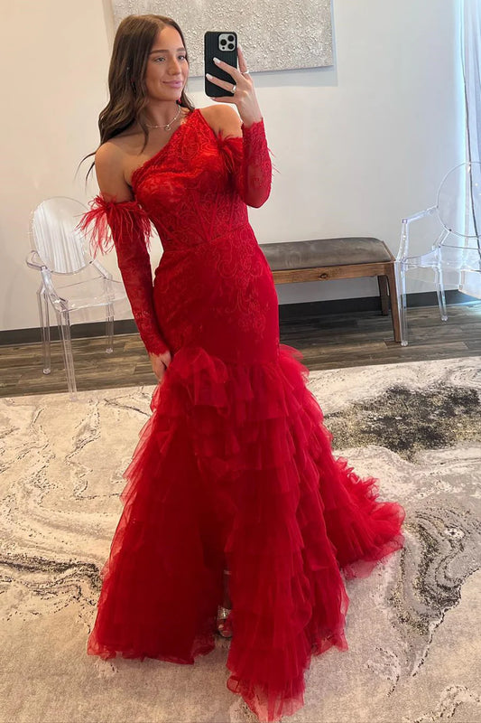 Lace One-Shoulder Tiered Mermaid Long Prom Dress