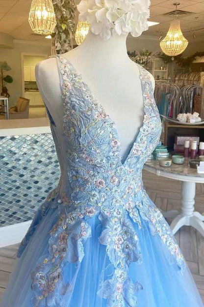 A-Line  V-Neck Long Prom Dress with Floral Appliques