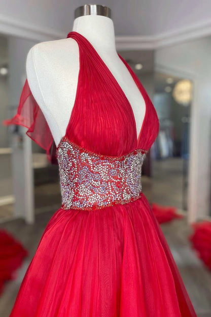 Beaded Halter Backless A-Line Long Prom Gown