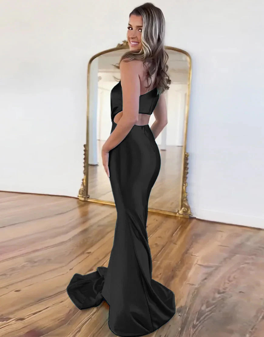 One Shoulder Cutout Waist Long Satin Mermaid Prom Dress With Beading