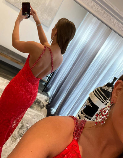 One Shoulder Side Slit Red Prom Dress