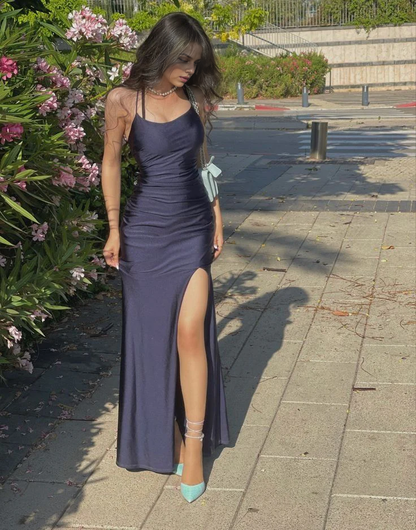 My Hers Prom Dress Satin Sheath Spaghetti Strap Sleeveless Mid Waist Backless Side Fork Sexy Charming Ladies Formal Dress