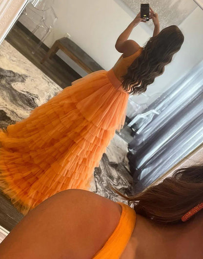 A-line Tulle Long Tiered Prom Dress