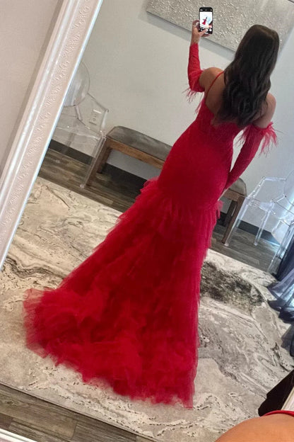 Lace One-Shoulder Tiered Mermaid Long Prom Dress