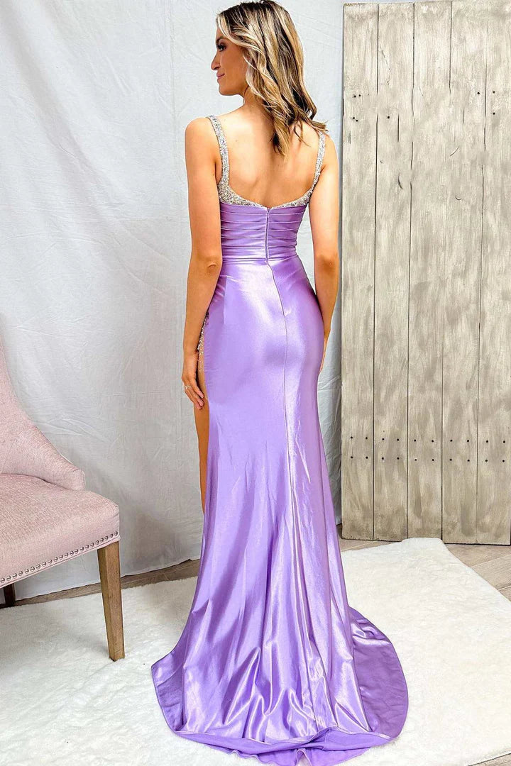 Rhinestones Sweetheart Ruching Long Prom Dress with Slit