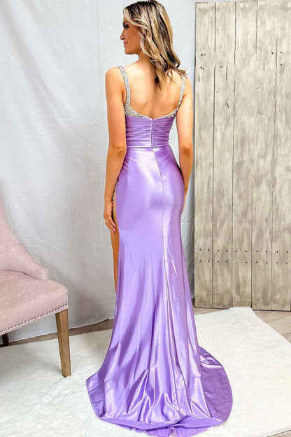 Rhinestones Sweetheart Ruching Long Prom Dress with Slit