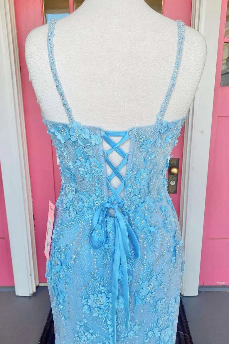 3D Floral Lace Lace-Up Back Long Prom Dress