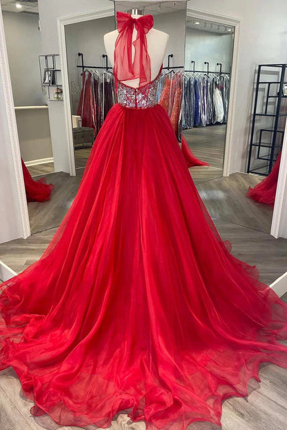 Beaded Halter Backless A-Line Long Prom Gown