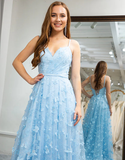 A Line Spaghetti Straps Beaded Prom Dress With Slit