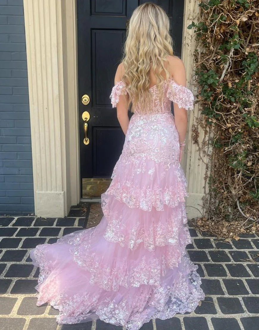 A-Line V Neck Tiered Long Prom Dress With Slit