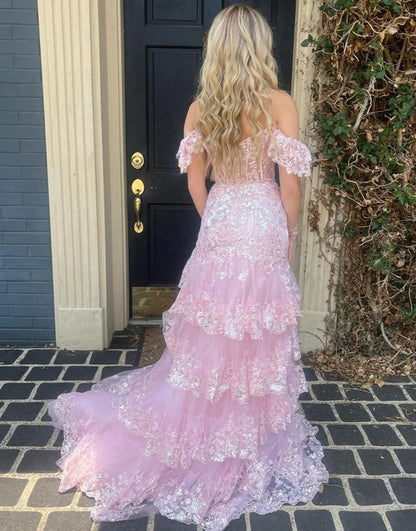 A-Line V Neck Tiered Long Prom Dress With Slit