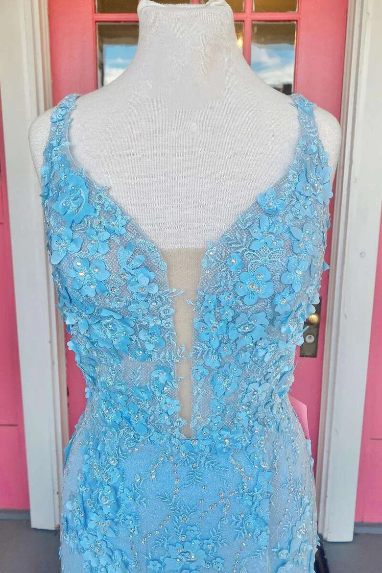 3D Floral Lace Lace-Up Back Long Prom Dress