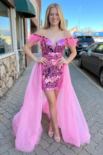 Cut Glass Mirror Cold-Shoulder Short Party Dress with Attached Train