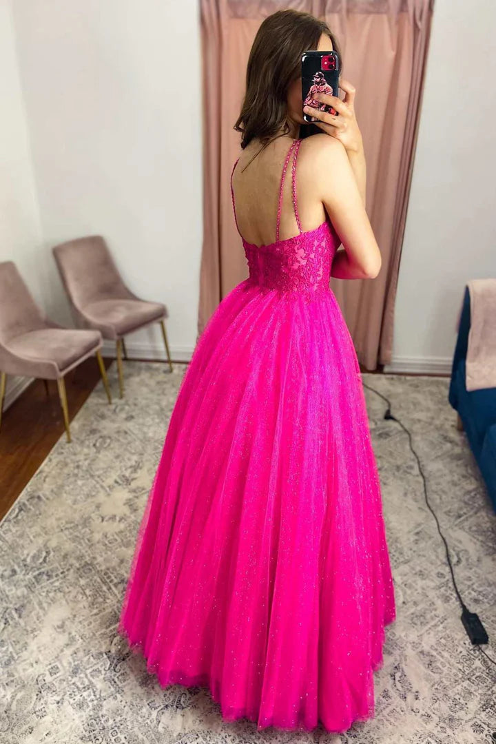 Tulle Lace V-Neck A-Line Long Prom Dress