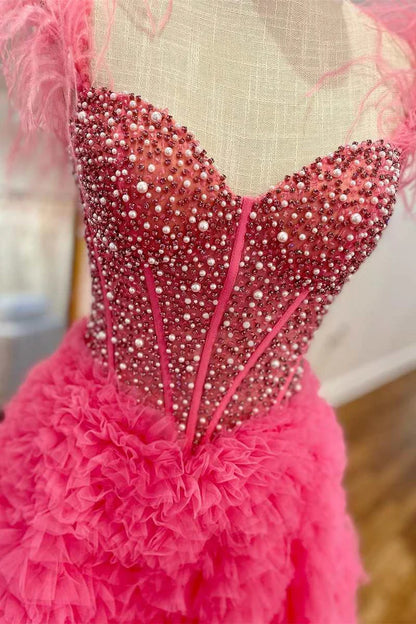 Beaded Feather Off-the-Shoulder Tiered Long Prom Dress with Ruffles