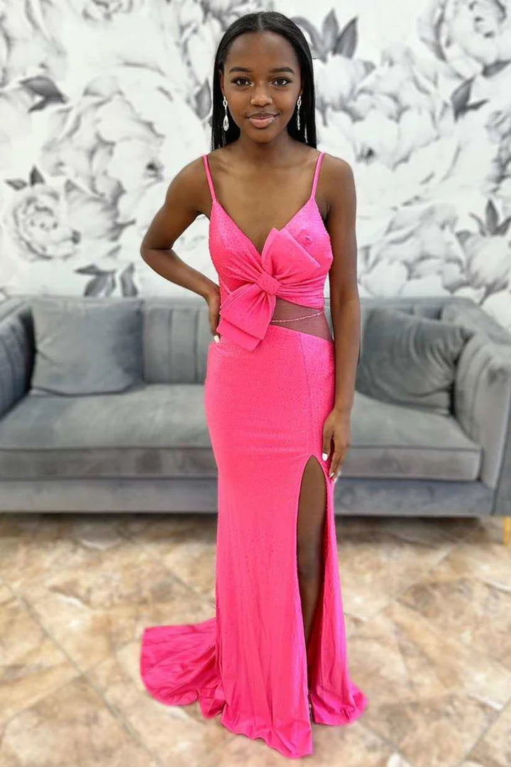 Beaded Bow-Front Mermaid Long Prom Dress with Slit