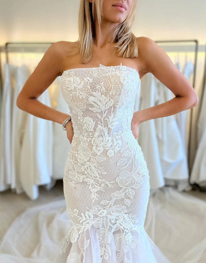 Mermaid Strapless Tulle Long Wedding Dresses with Appliques