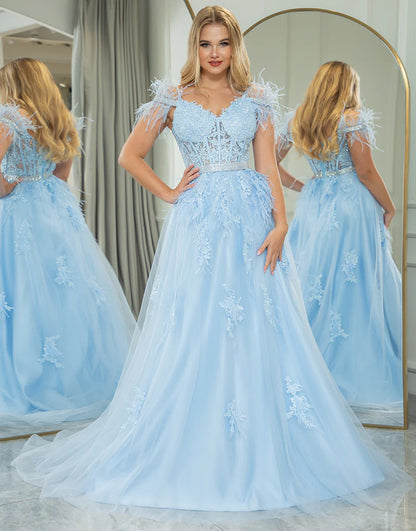 A Line Long Prom Dress With Feathers