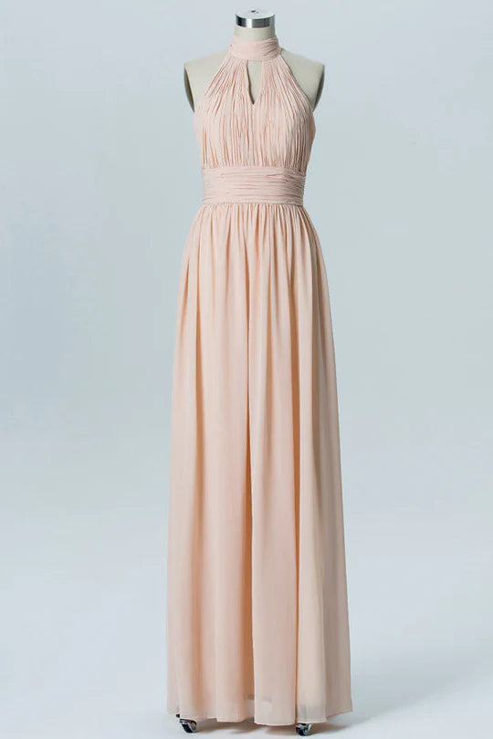 Nude Round neck High Halter Keyhole Pleats Bridesmaid Dress