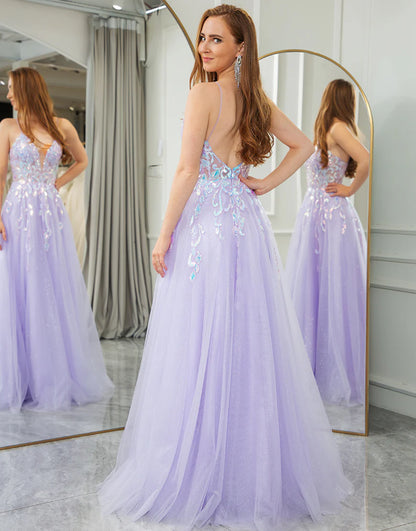 A Line Tulle Backless Long Prom Dress With Appliques