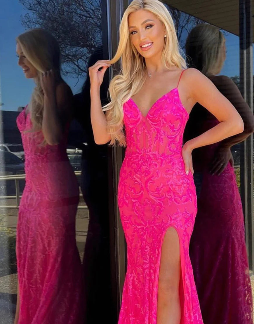V-neck Glitter Slit Prom Dress