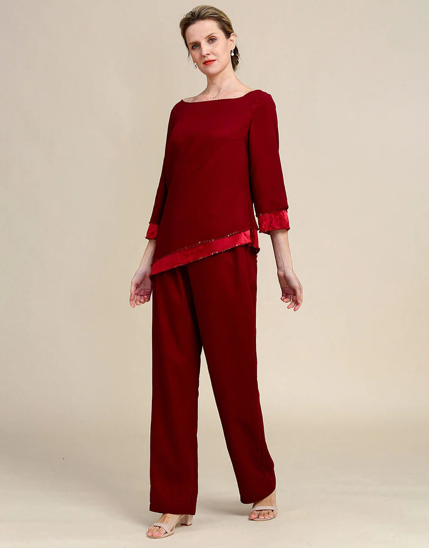 Burgundy Long Sleeves 2 Piece Mother of the Bride Pant Suits