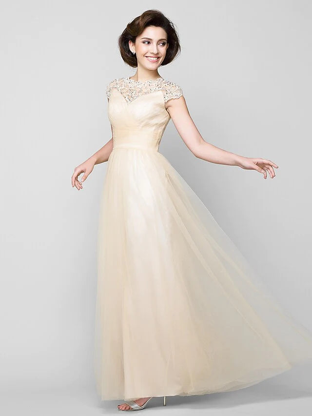 A-Line Mother of the Bride Dress See Through Jewel Neck Floor Length Tulle Sleeveless with Criss Cross Beading